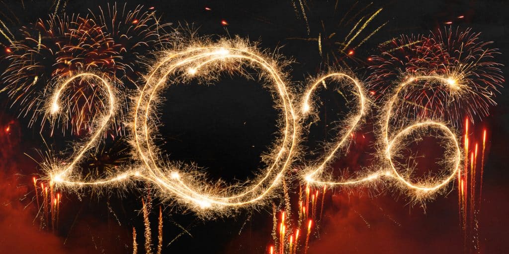 happy new year, new year's eve, silvester, new year, celebration greeting card, new year card - Year 2026 sparkler font text and firework fireworks pyrotechnic, isolated on black night sky background