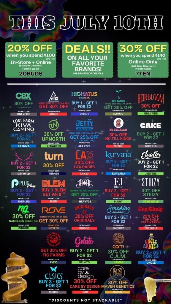 Promotional flyer for cannabis deals on July 10th featuring brand-specific discounts and promo codes. Offers include 20% off orders of $100 or more with code "20BUDS," and 30% off $140+ online orders with code "7TEN." Featured brands and their deals include CBX (30% off, code: ONLYFIRE), Highatus (BOGO for $1, code: 2HIGH), Raw Garden (30% off $100+, code: RG30), Wyld (Buy 2, get 1 for $2, code: GETWYLD), STIIIZY (30% off, code: STIIIZYSALE), and many more. Fine print states discounts are not stackable.

