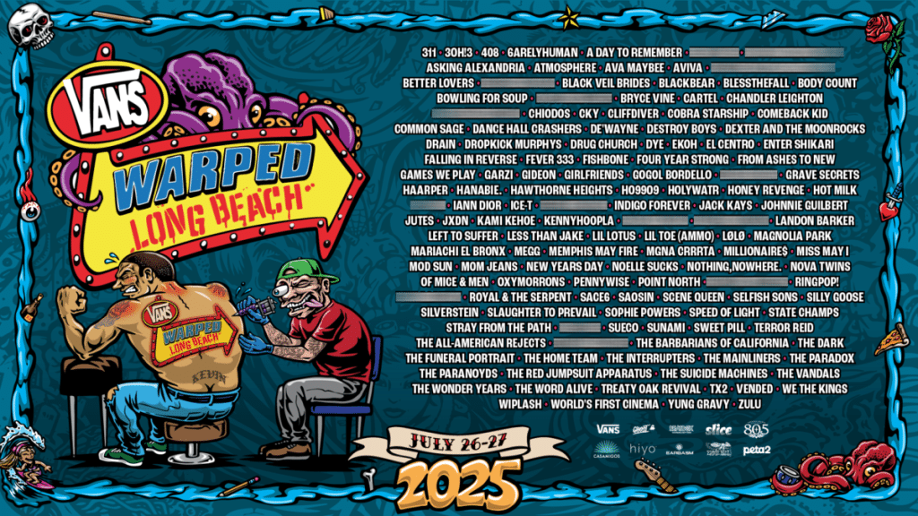 Promotional poster for the Vans Warped Tour Long Beach 2025. The design features colorful cartoon artwork of a tattoo artist giving a muscular man a large "Warped Long Beach" tattoo on his back, with a purple octopus behind a retro marquee sign that reads "Vans Warped Long Beach." The full lineup of bands is listed across the top, including artists like 3OH!3, A Day to Remember, Yung Gravy, Bowling for Soup, Dropkick Murphys, Ice-T, Less Than Jake, The Wonder Years, and many more. At the bottom, a ribbon banner displays the event dates: July 26–27, 2025. The background is filled with punk-inspired illustrations and doodles in blue tones.