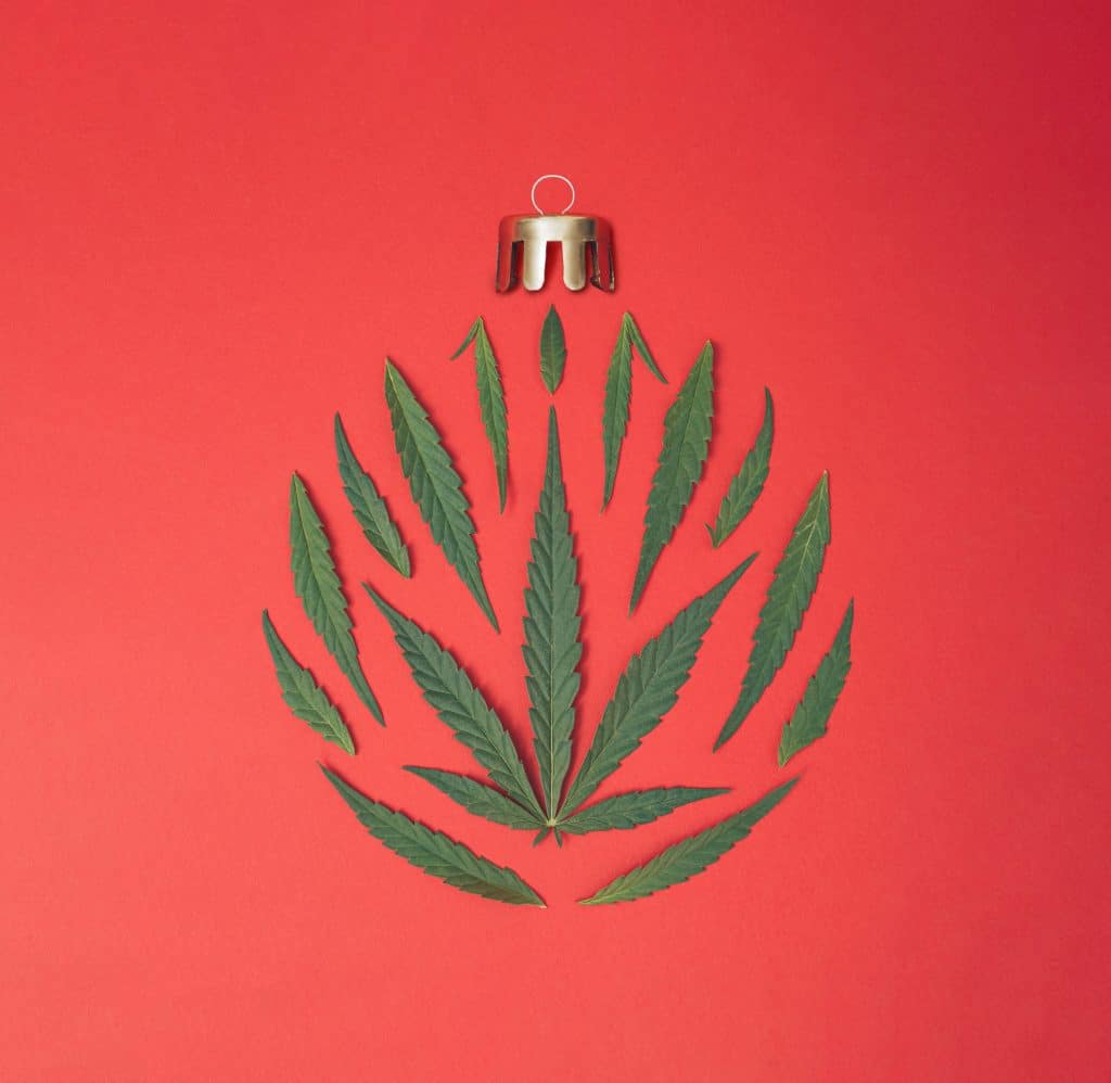 Christmas bauble made of marijuana, cannabis elements. Flat lay.
