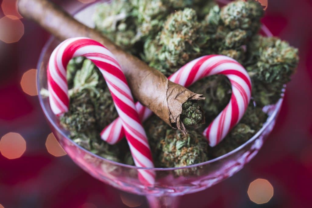 A stock photo showing Marijuana in a Christmas/Holiday season setting.