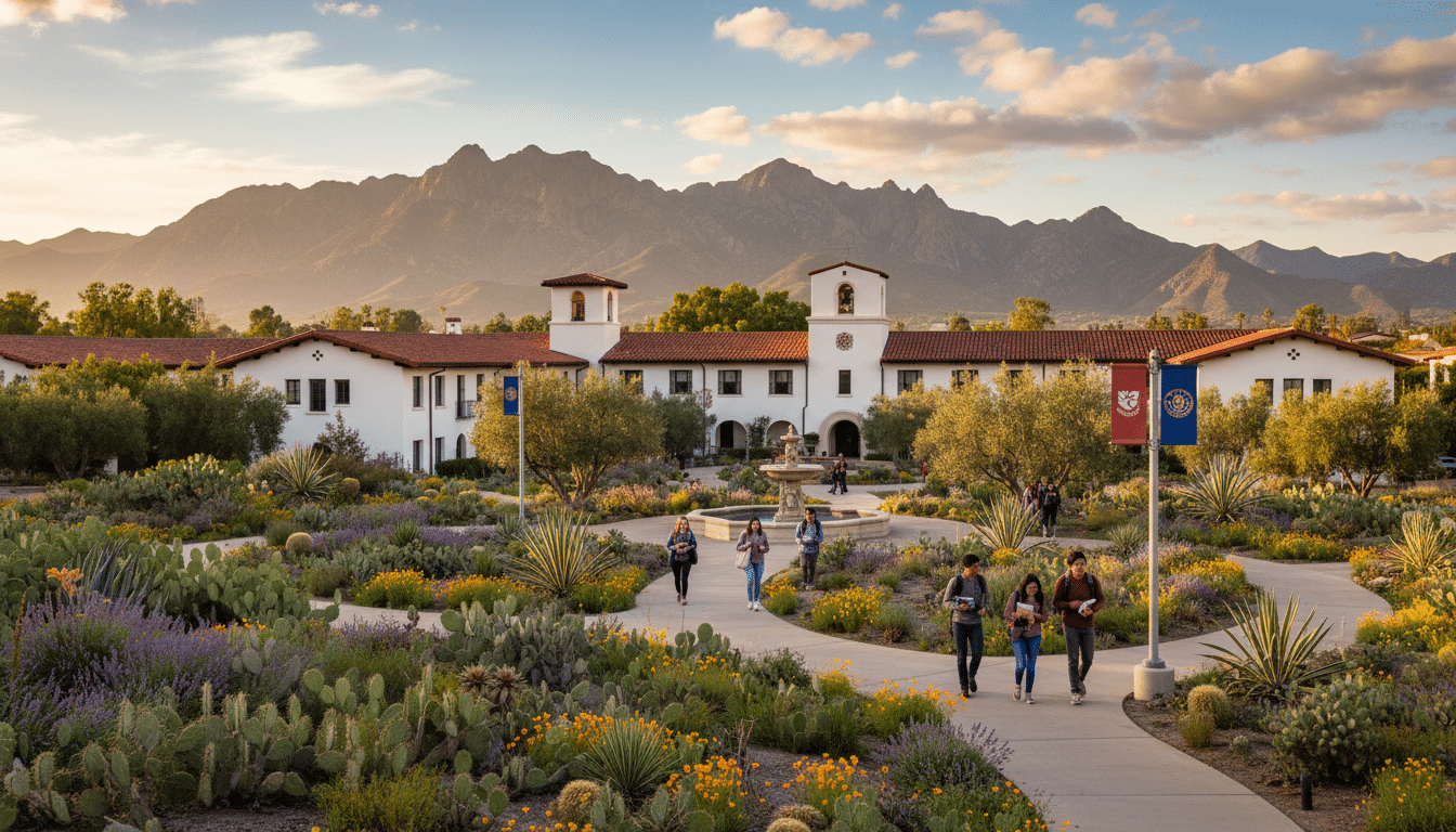 Cal State Channel Islands CSUCI campus with Spanish mission architecture and mountain backdrop