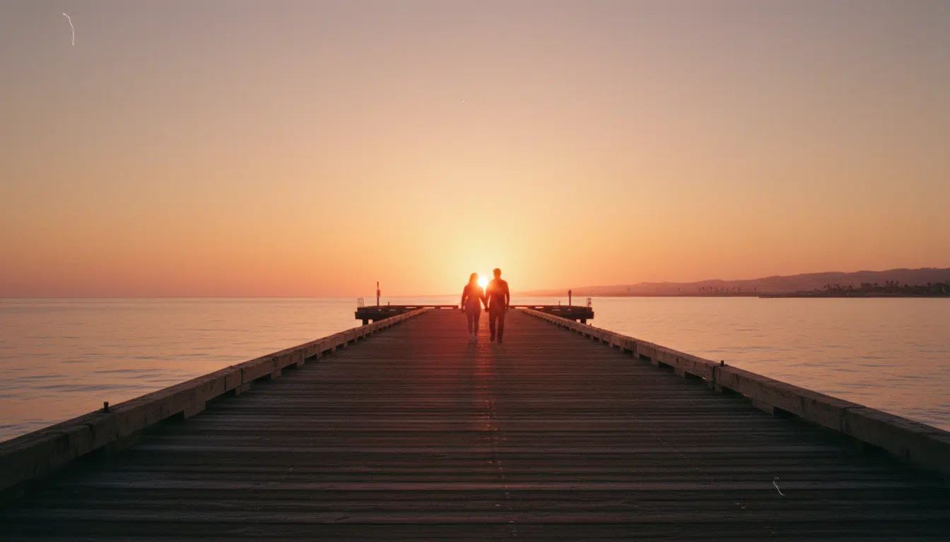 Romantic sunset at Port Hueneme pier with couple silhouettes walking toward the Pacific Ocean