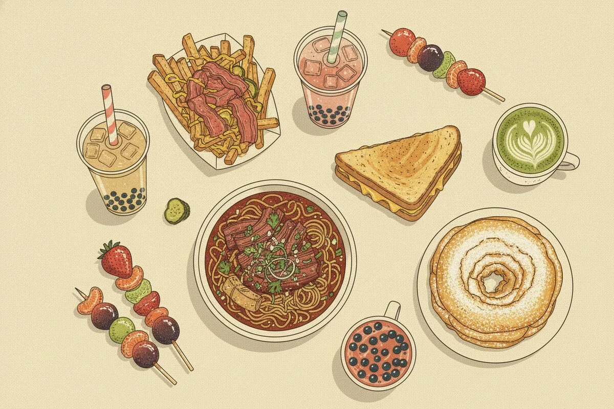 2026 Ventura County Fair foods including birria ramen, pastrami fries, boba, matcha latte, tanghulu, and funnel cake